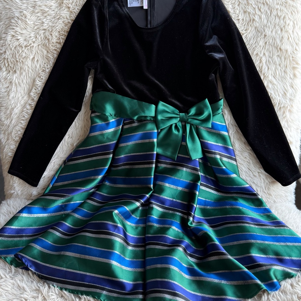 Black Velvet Top with Striped Skirt Dress green lining underneath